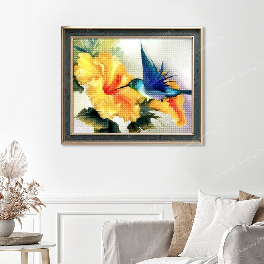 Hummingbird Finished Diamond Painting Displayed with Vintage Frame as Home Decor