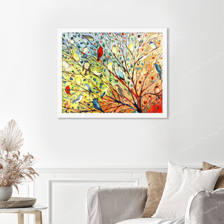 Birds Finished Diamond Painting Displayed with White Frame as Home Decor