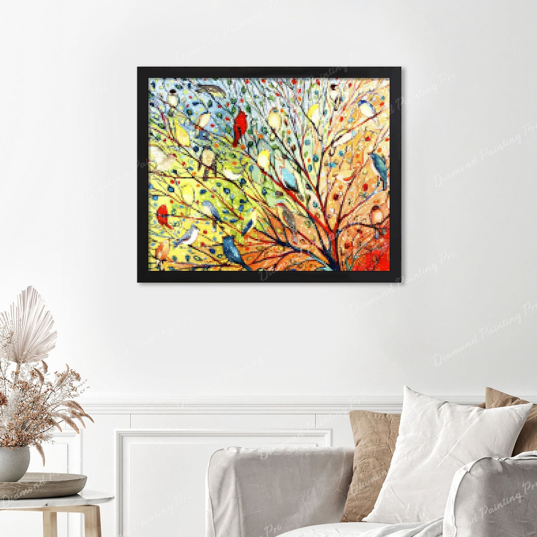 Birds Finished Diamond Painting Displayed with Black Frame as Home Decor