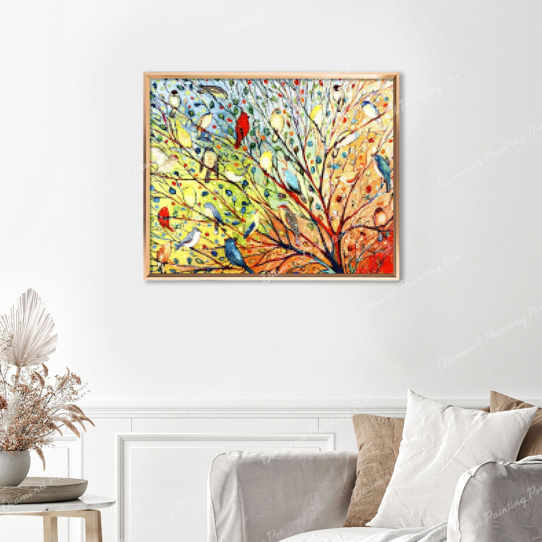 Birds Finished Diamond Painting Displayed with Gold Frame as Home Decor