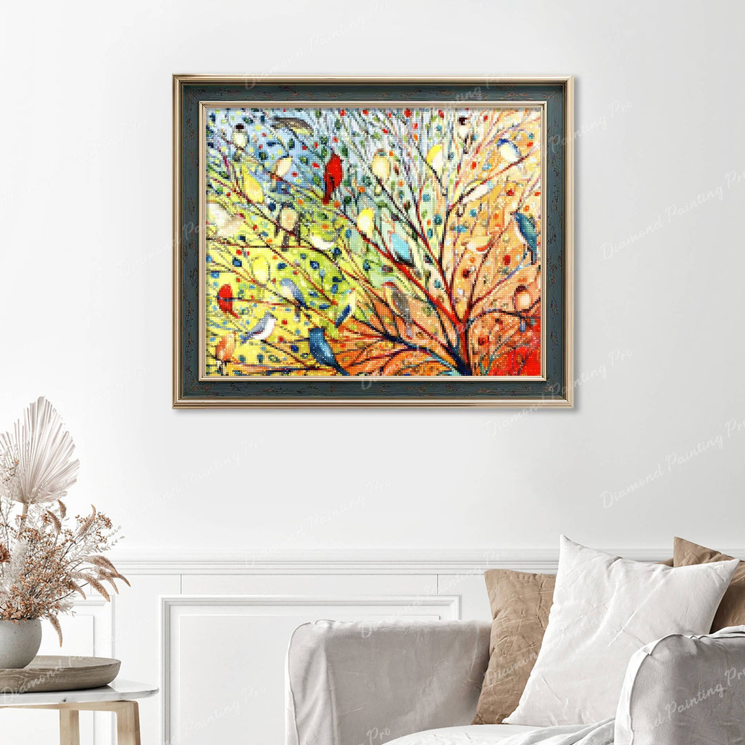 Birds Finished Diamond Painting Displayed with Vintage Frame as Home Decor