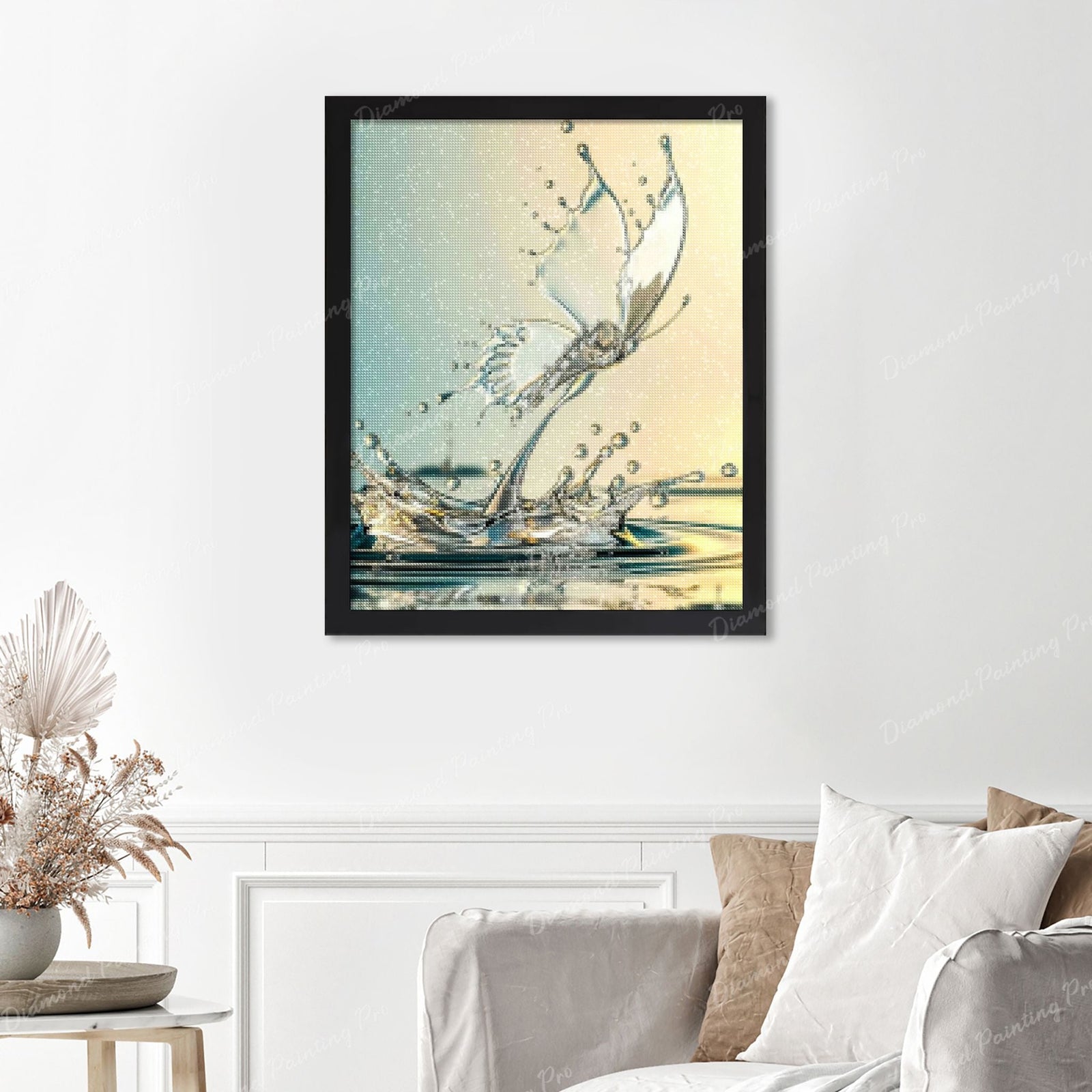 Waterdrop Butterfly Finished Diamond Painting Displayed with Black Frame as Home Decor