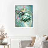 Butterfly on Rose Finished Diamond Painting Displayed with White Frame as Home Decor