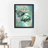 Butterfly on Rose Finished Diamond Painting Displayed with Black Frame as Home Decor