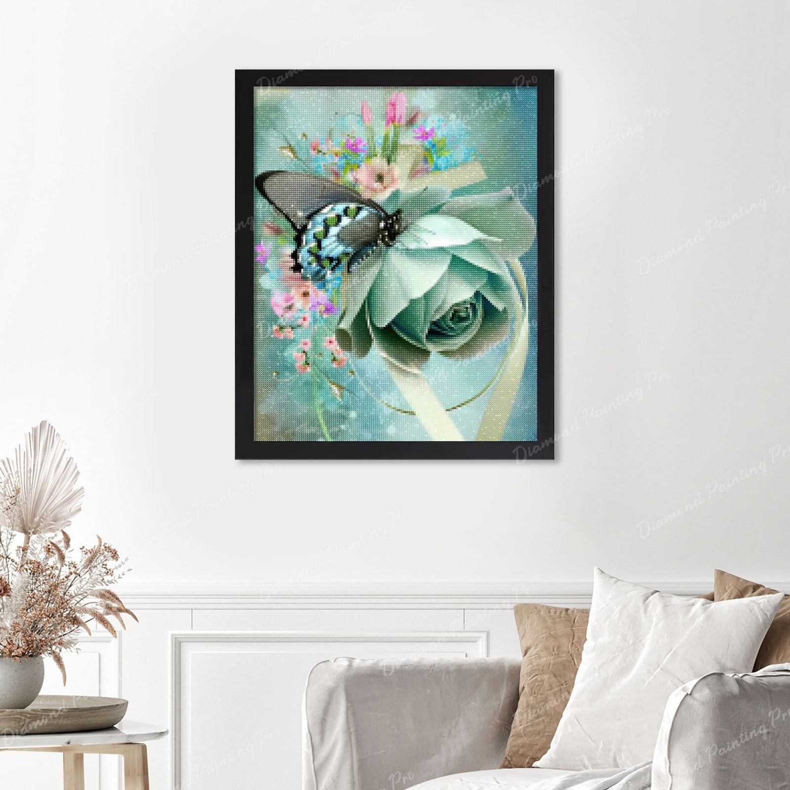 Butterfly on Rose Finished Diamond Painting Displayed with Black Frame as Home Decor