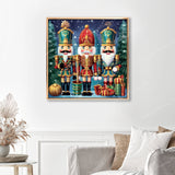 Nutcracker Trio Finished Diamond Painting Displayed with Gold Frame as Home Decor