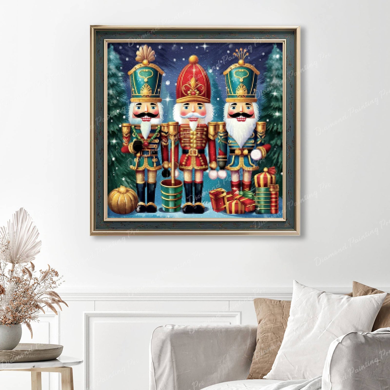 Nutcracker Trio Finished Diamond Painting Displayed with Vintage Frame as Home Decor