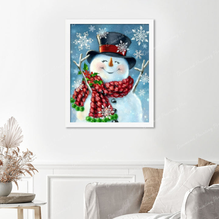 Snowman Christmas Finished Diamond Painting Displayed with White Frame as Home Decor