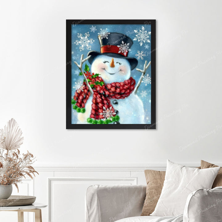 Snowman Christmas Finished Diamond Painting Displayed with Black Frame as Home Decor