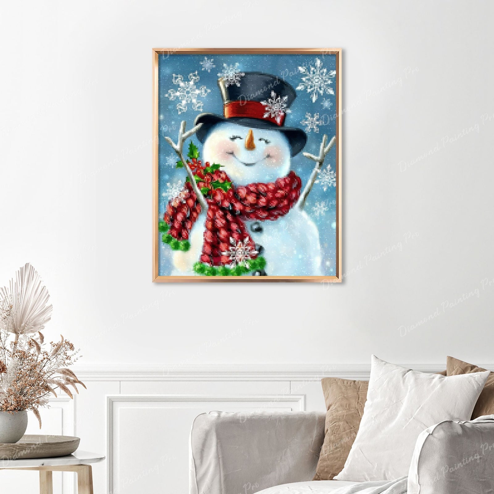 Snowman Christmas Finished Diamond Painting Displayed with Gold Frame as Home Decor