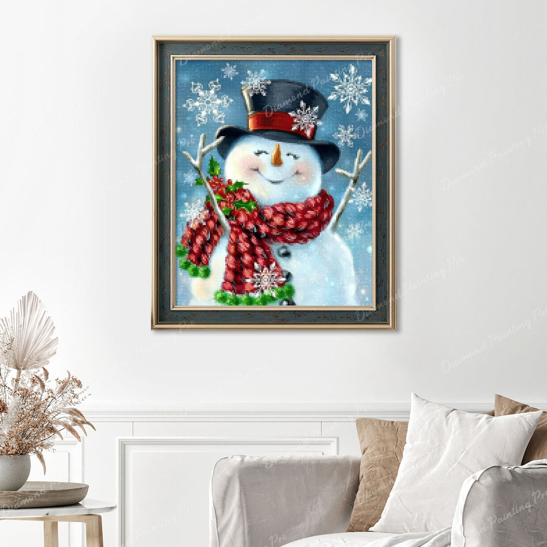 Snowman Christmas Finished Diamond Painting Displayed with Vintage Frame as Home Decor