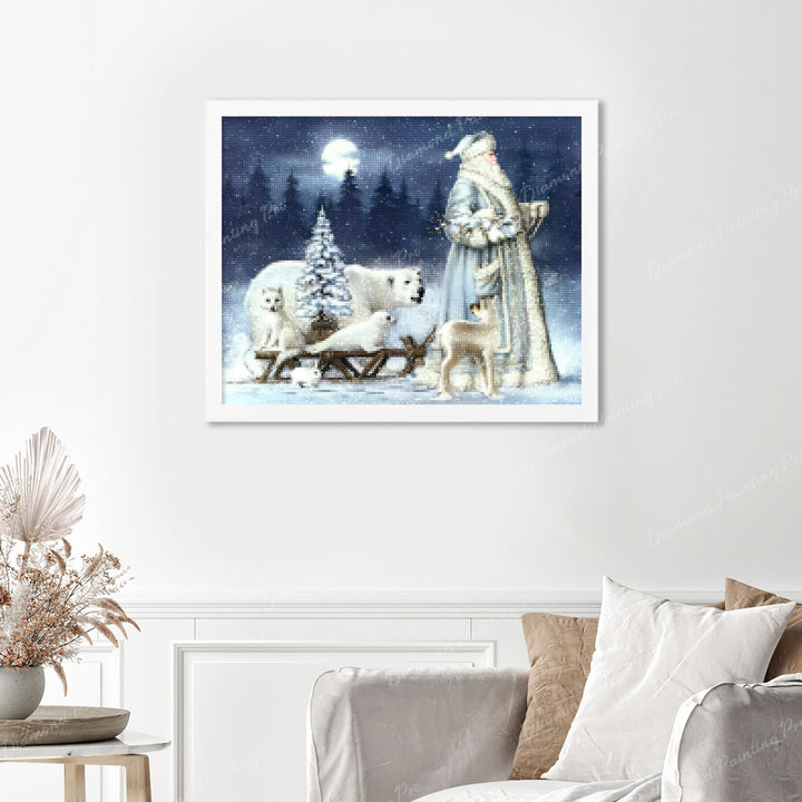 Santa Claus at Arctic Finished Diamond Painting Displayed with White Frame as Home Decor