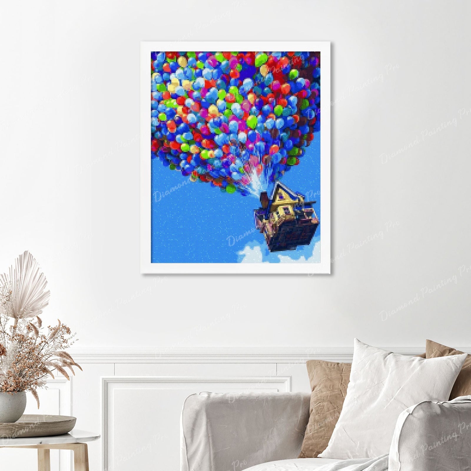 Flying House Finished Diamond Painting Displayed with White Frame as Home Decor