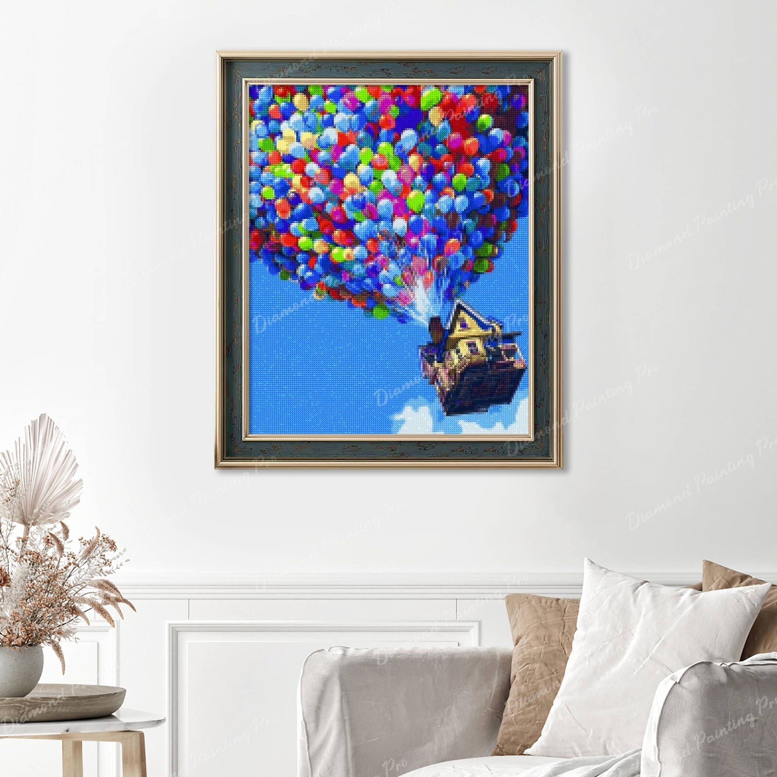 Flying House Finished Diamond Painting Displayed with Vintage Frame as Home Decor