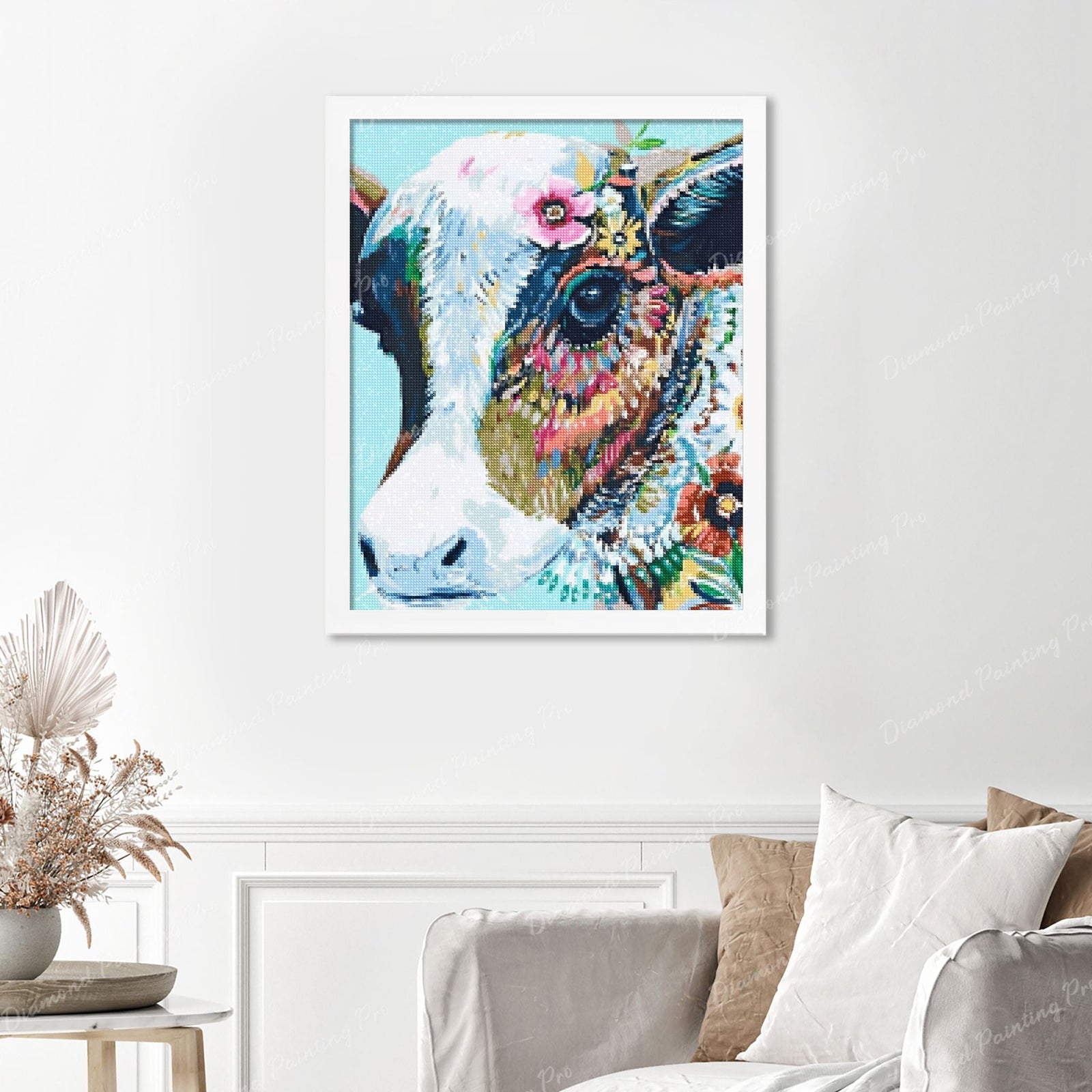 Colorful Cow Finished Diamond Painting Displayed with White Frame as Home Decor