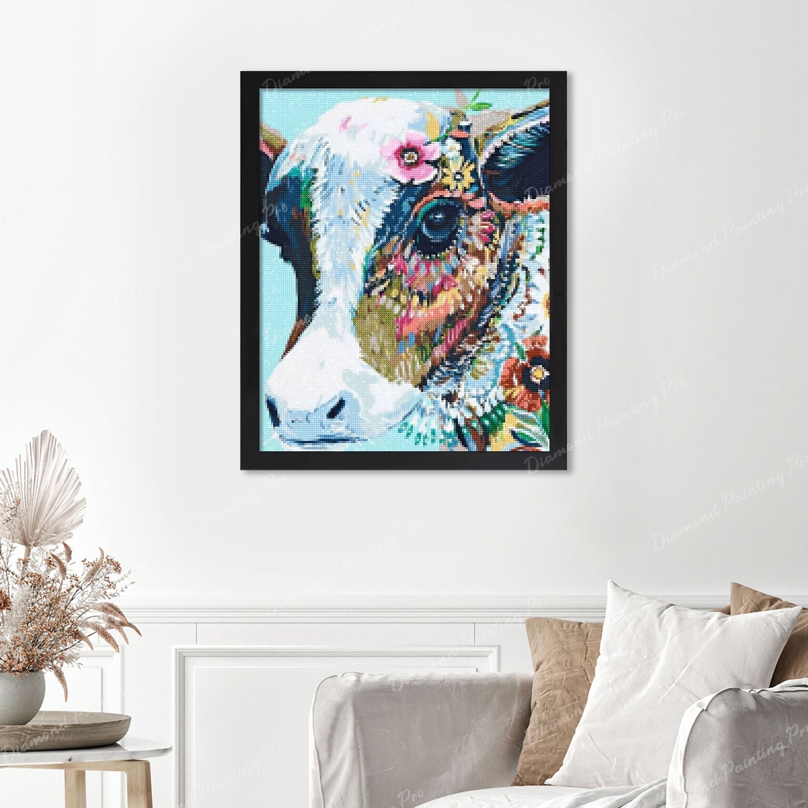 Colorful Cow Finished Diamond Painting Displayed with Black Frame as Home Decor