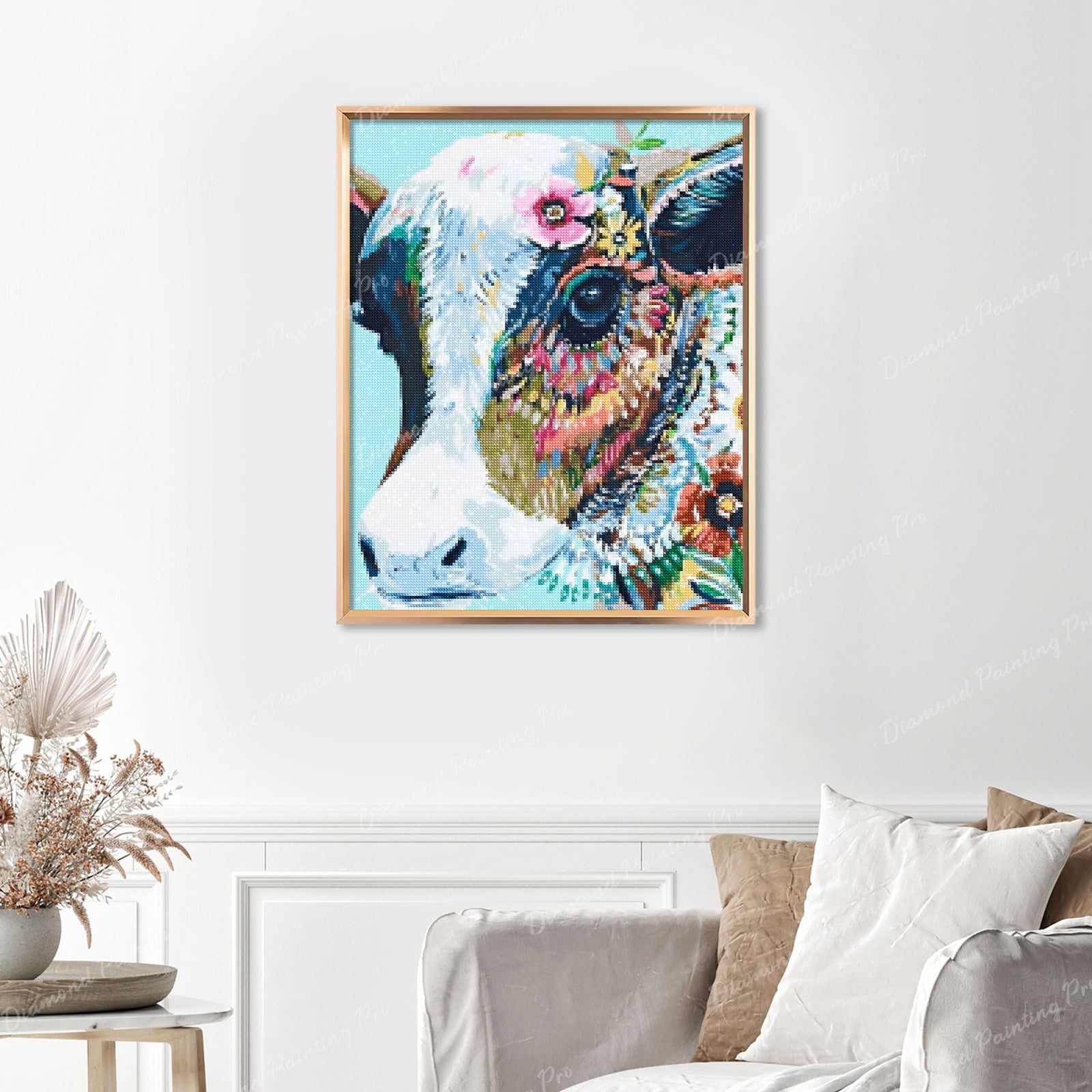 Colorful Cow Finished Diamond Painting Displayed with Gold Frame as Home Decor