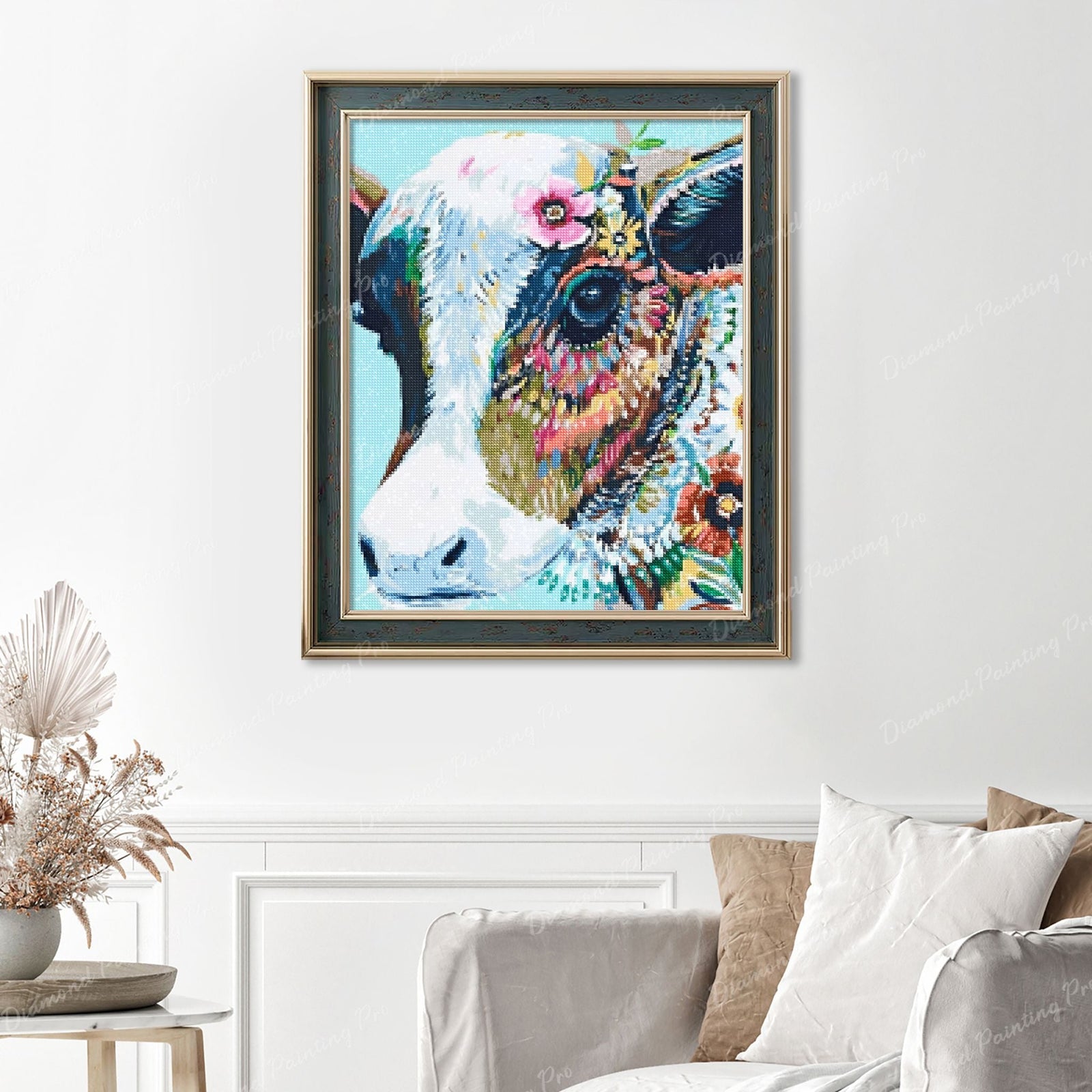 Colorful Cow Finished Diamond Painting Displayed with Vintage Frame as Home Decor