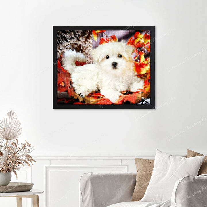 Oscar the Dog Finished Diamond Painting Displayed with Black Frame as Home Decor