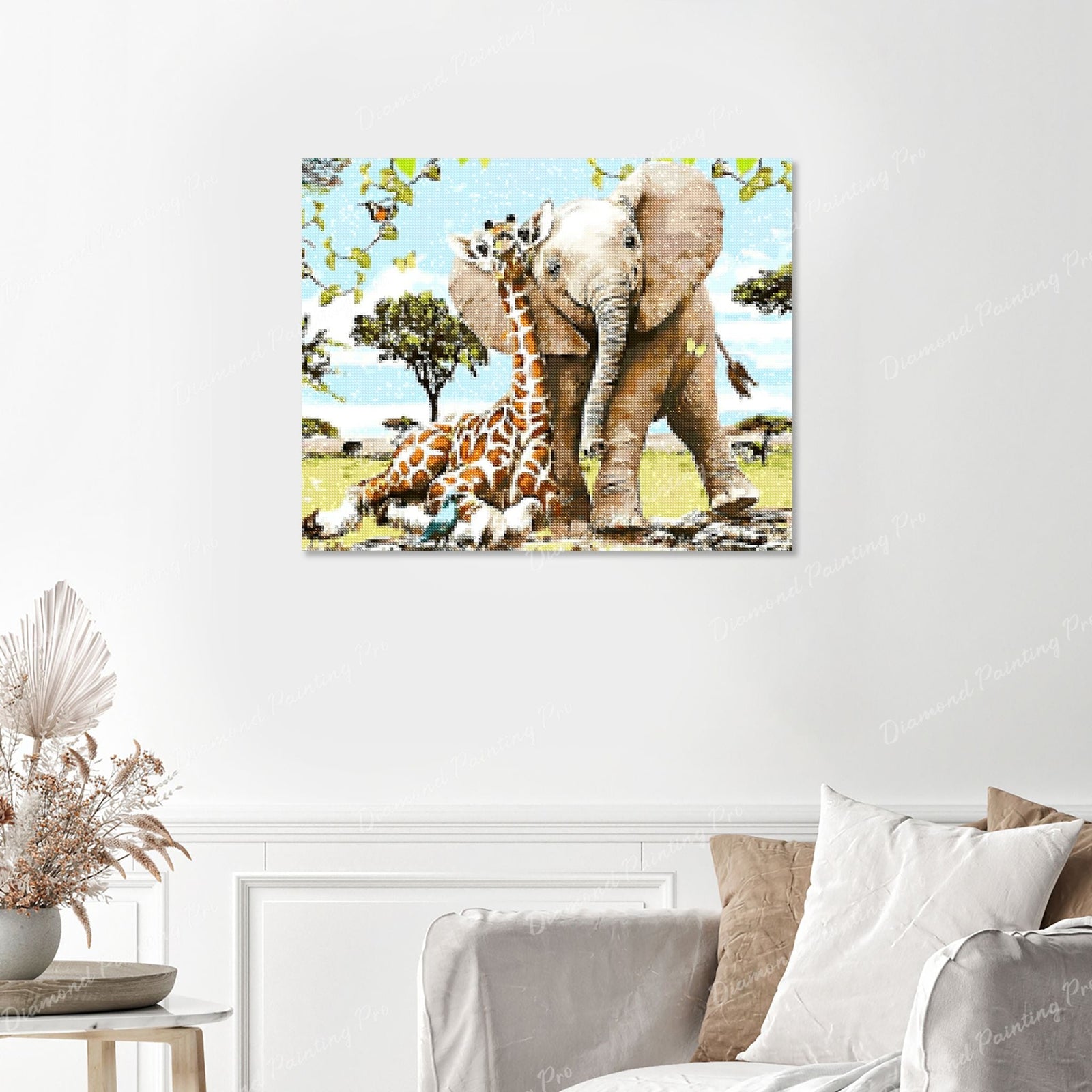 Elephant and Giraffe Finished Diamond Painting with No Frame