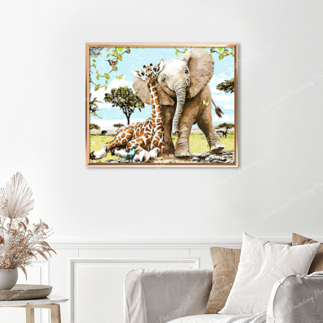 Elephant and Giraffe Finished Diamond Painting Displayed with Gold Frame as Home Decor