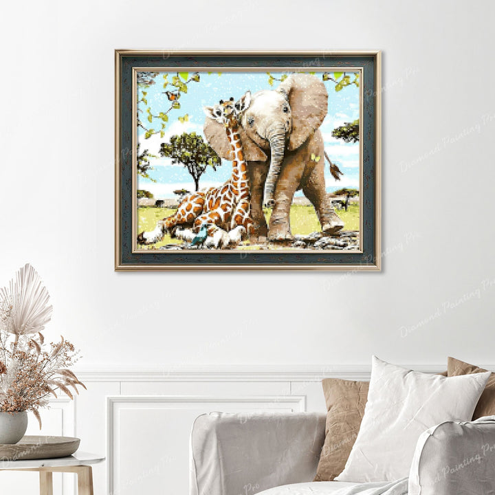 Elephant and Giraffe Finished Diamond Painting Displayed with Vintage Frame as Home Decor