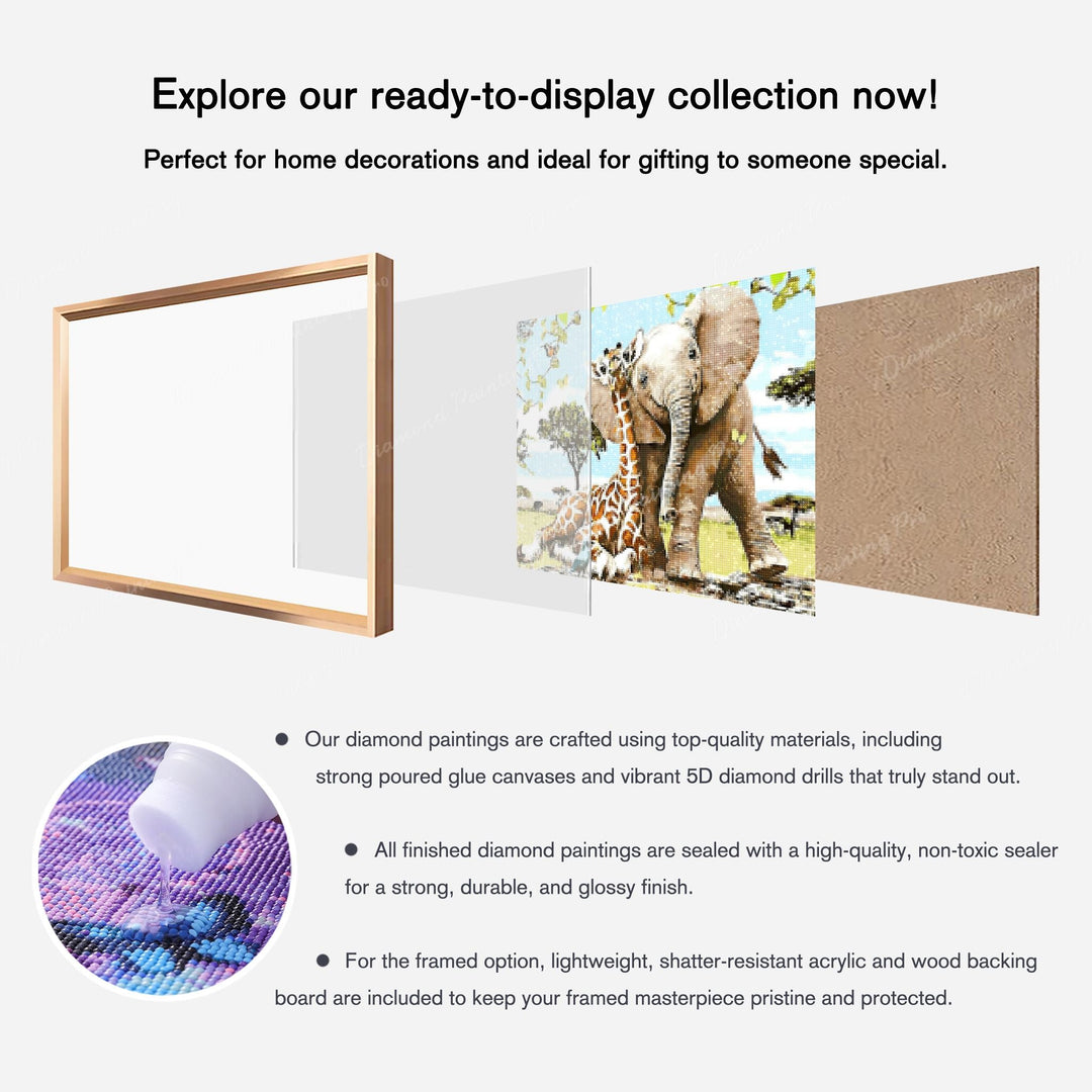 What is included in Elephant and Giraffe Finished Diamond Art Package