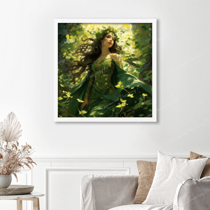 Ivy The Nature Guardian Finished Diamond Painting Displayed with White Frame as Home Decor