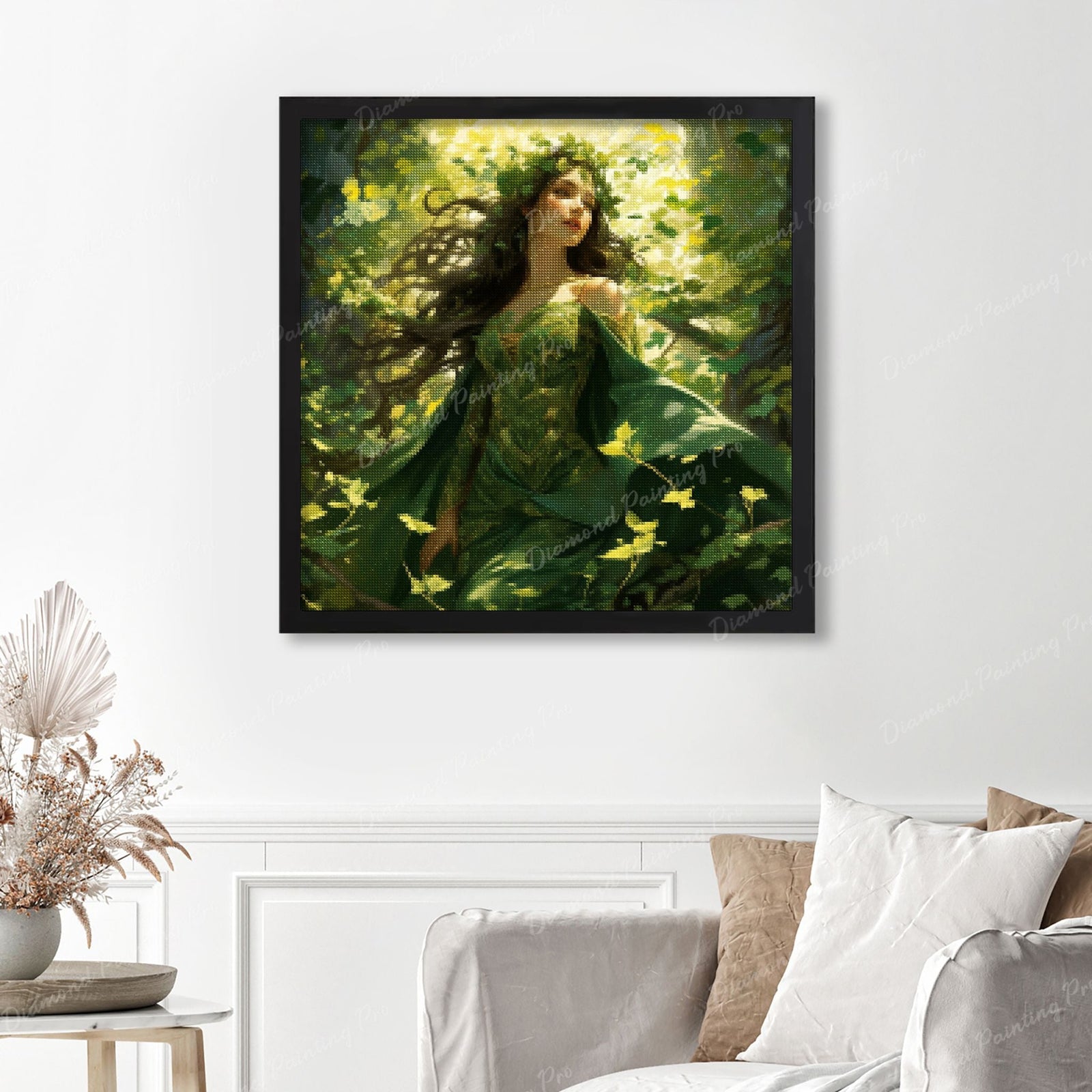 Ivy The Nature Guardian Finished Diamond Painting Displayed with Black Frame as Home Decor