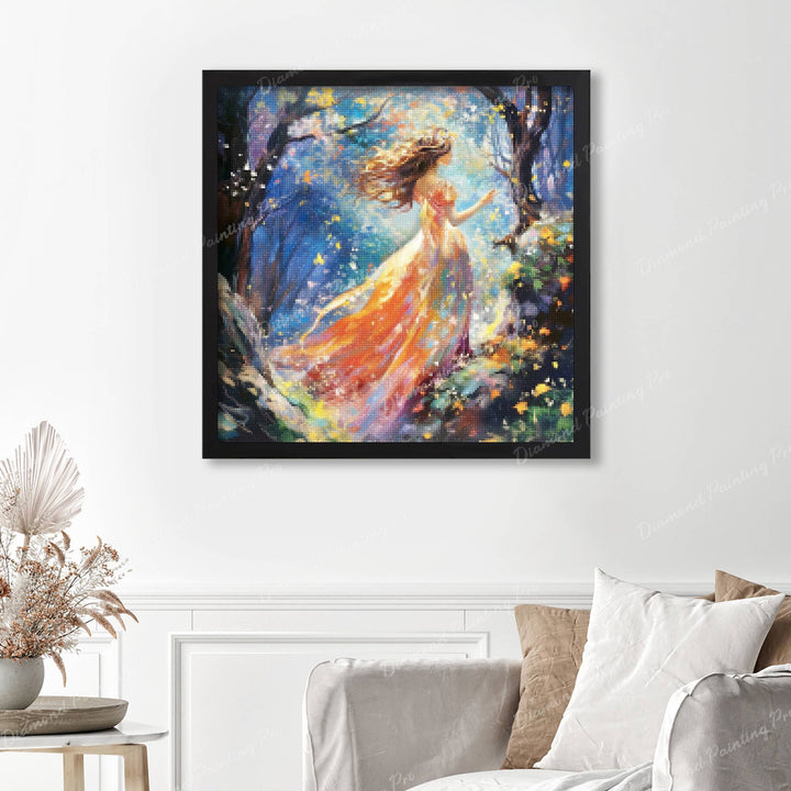 Willow The Whimsical Wanderer Finished Diamond Painting Displayed with Black Frame as Home Decor