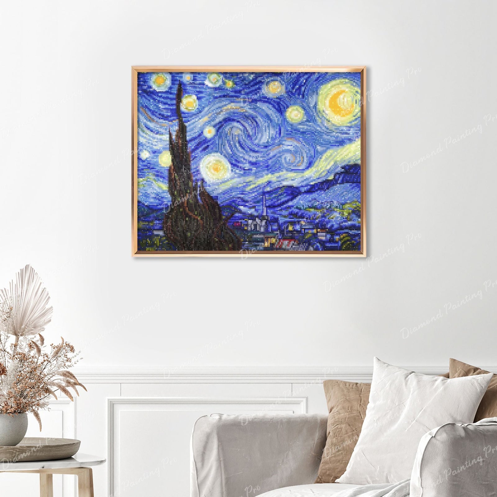 Starry Night Finished Diamond Painting Displayed with Gold Frame as Home Decor