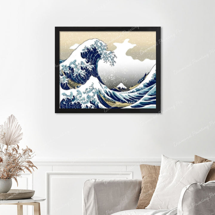 The Great Wave off Kanagawa Finished Diamond Painting Displayed with Black Frame as Home Decor