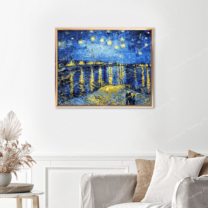 Starry Night over the Rhône Van Gogh’s Finished Diamond Painting Displayed with Gold Frame as Home Decor