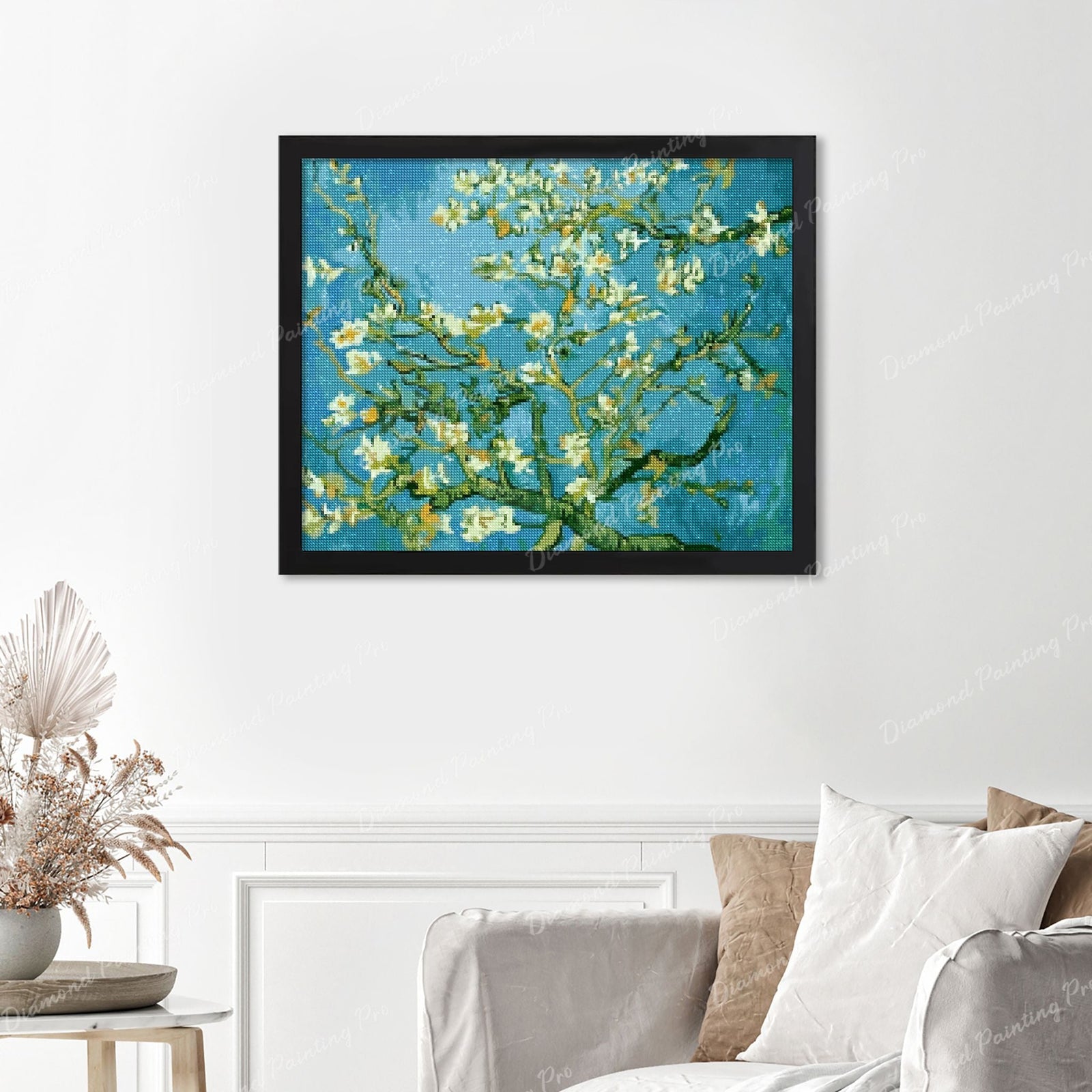 Almond Blossoms Finished Diamond Painting Displayed with Black Frame as Home Decor