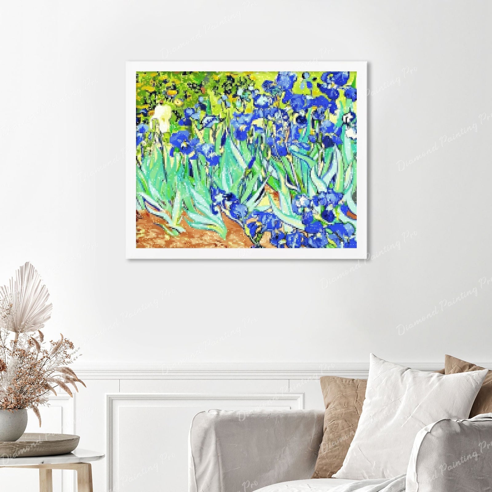 Irises - Vincent van Gogh Finished Diamond Painting Displayed with White Frame as Home Decor