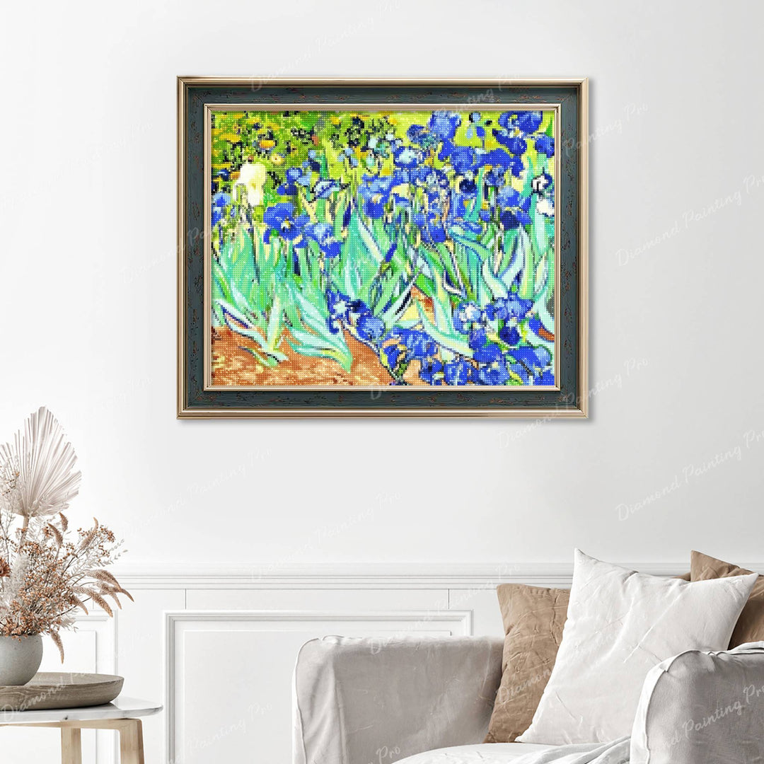 Irises - Vincent van Gogh Finished Diamond Painting Displayed with Vintage Frame as Home Decor