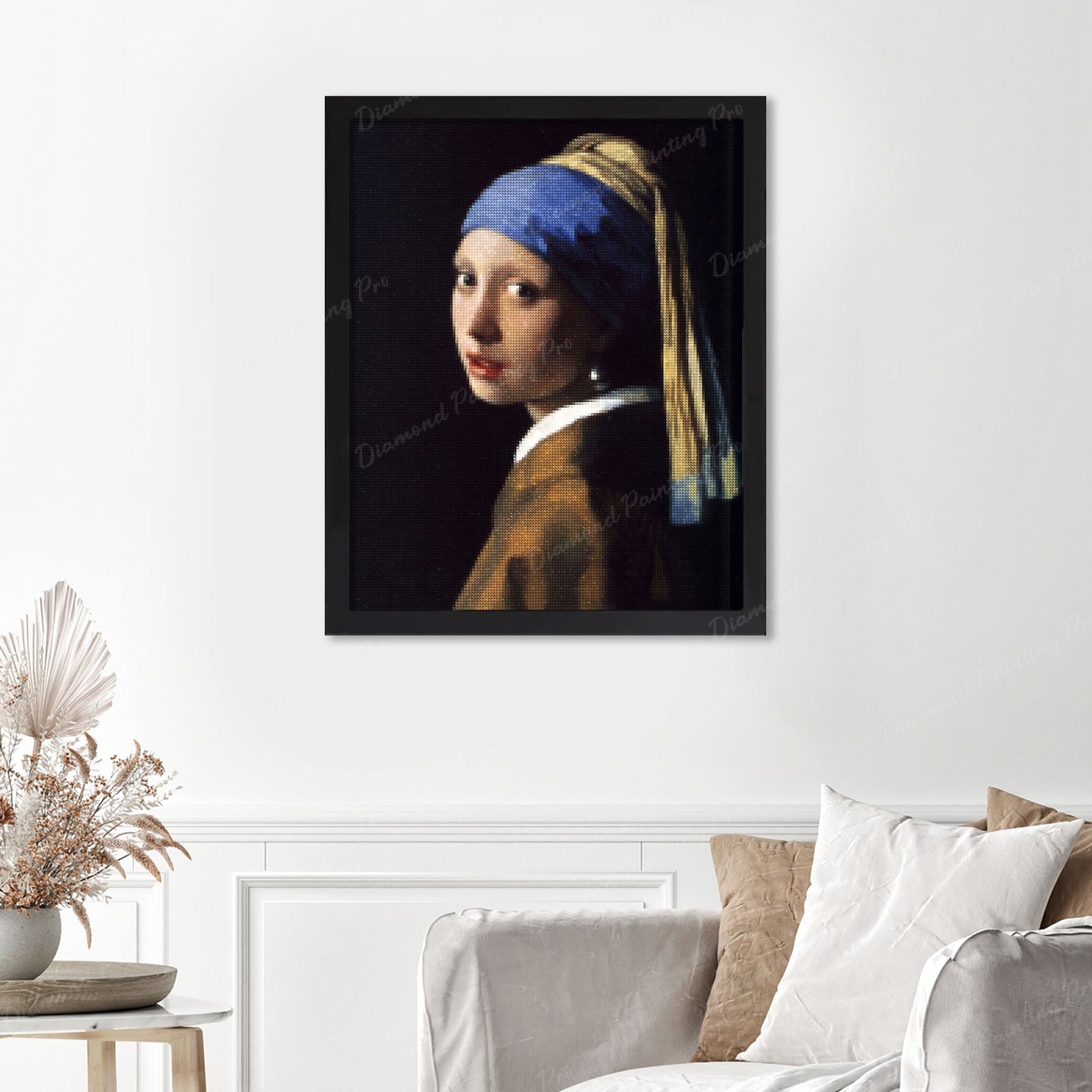 Girl with a Pearl Earring - Johannes Vermeer Finished Diamond Painting Displayed with Black Frame as Home Decor