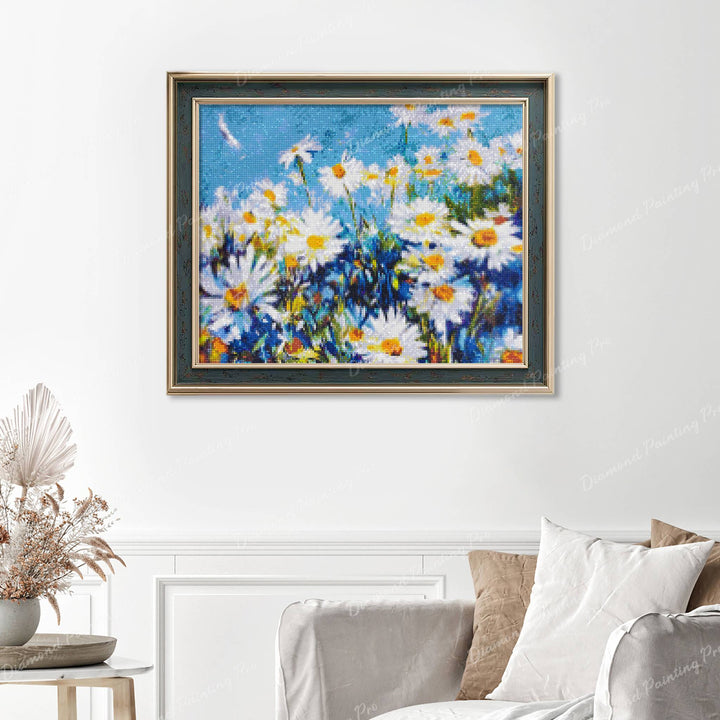 White Daisy Flower Finished Diamond Painting Displayed with Vintage Frame as Home Decor