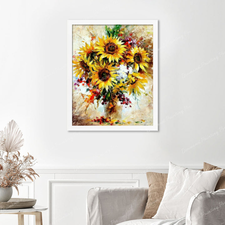 Bright Sunflower Vase Finished Diamond Painting Displayed with White Frame as Home Decor