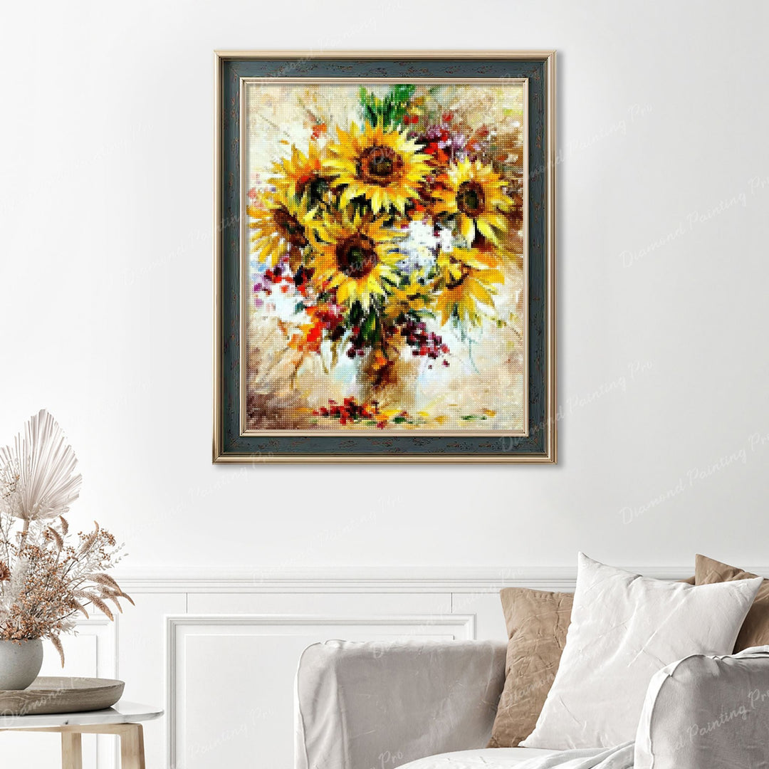 Bright Sunflower Vase Finished Diamond Painting Displayed with Vintage Frame as Home Decor