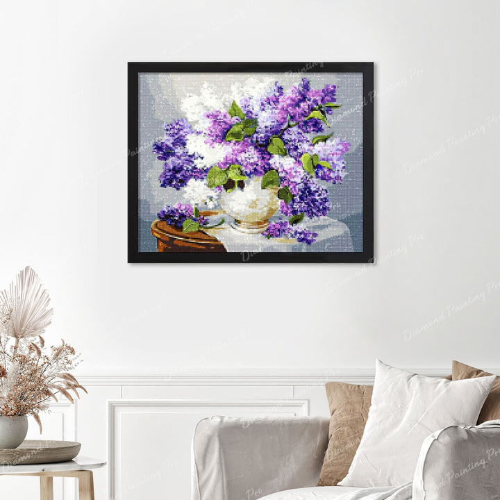 Purple and White Lilac Finished Diamond Painting Displayed with Black Frame as Home Decor