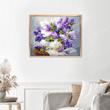 Purple and White Lilac Finished Diamond Painting Displayed with Gold Frame as Home Decor