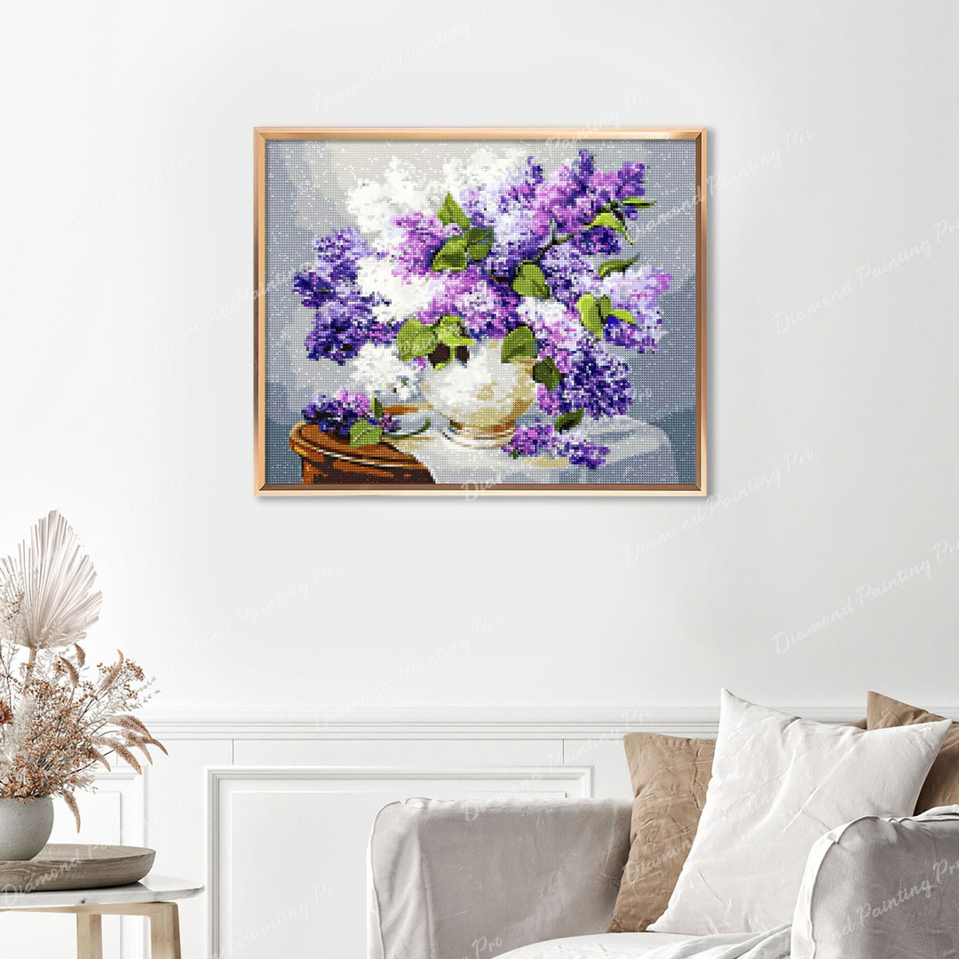 Purple and White Lilac Finished Diamond Painting Displayed with Gold Frame as Home Decor