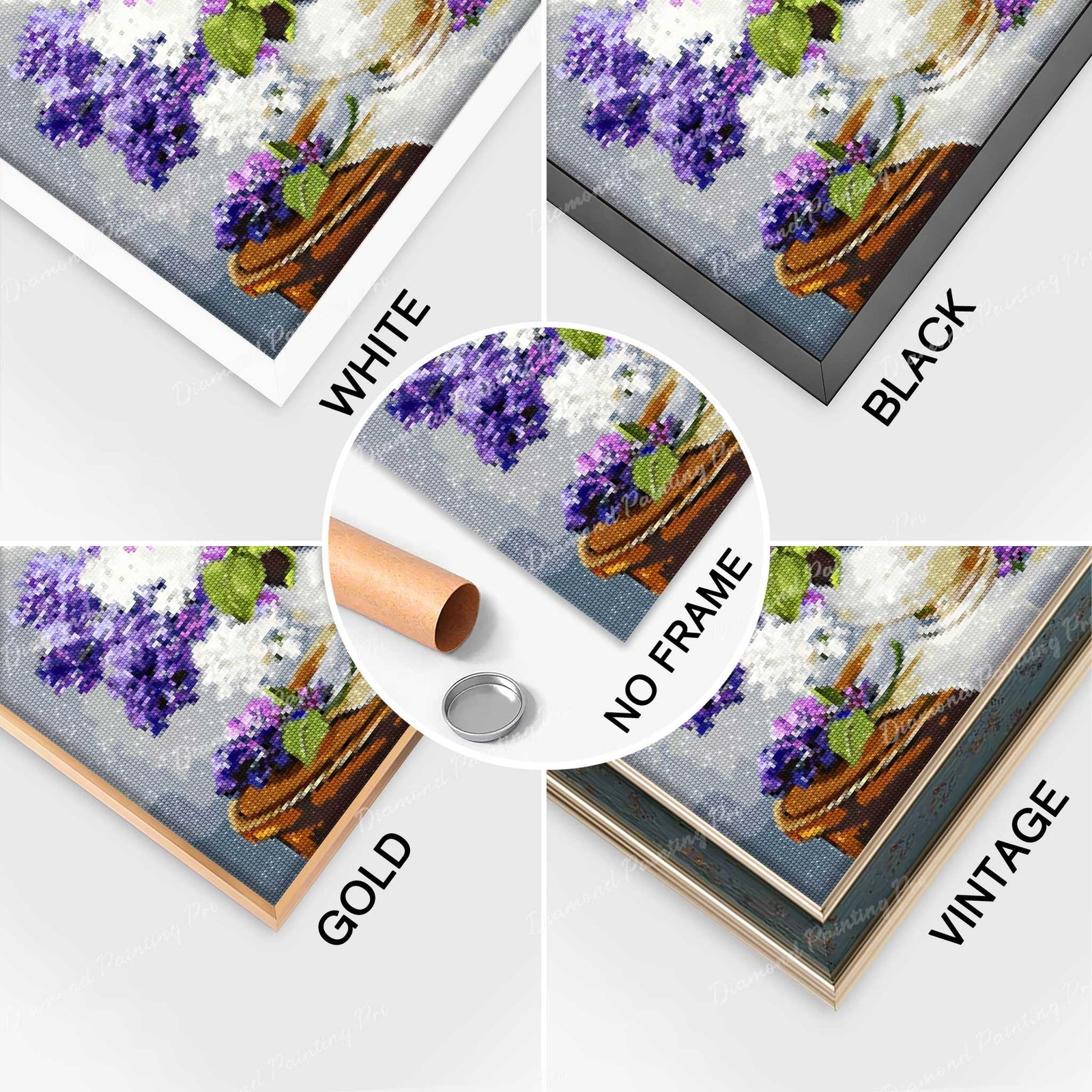 Completed Diamond Art of Purple and White Lilac with Multiple Frame Options