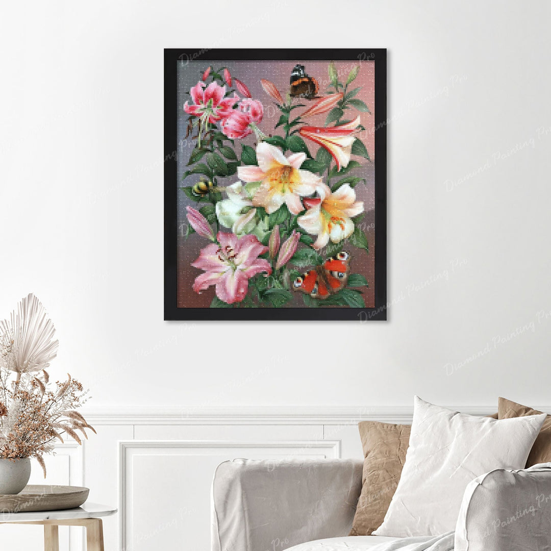 Butterflies and Flowers Finished Diamond Painting Displayed with Black Frame as Home Decor