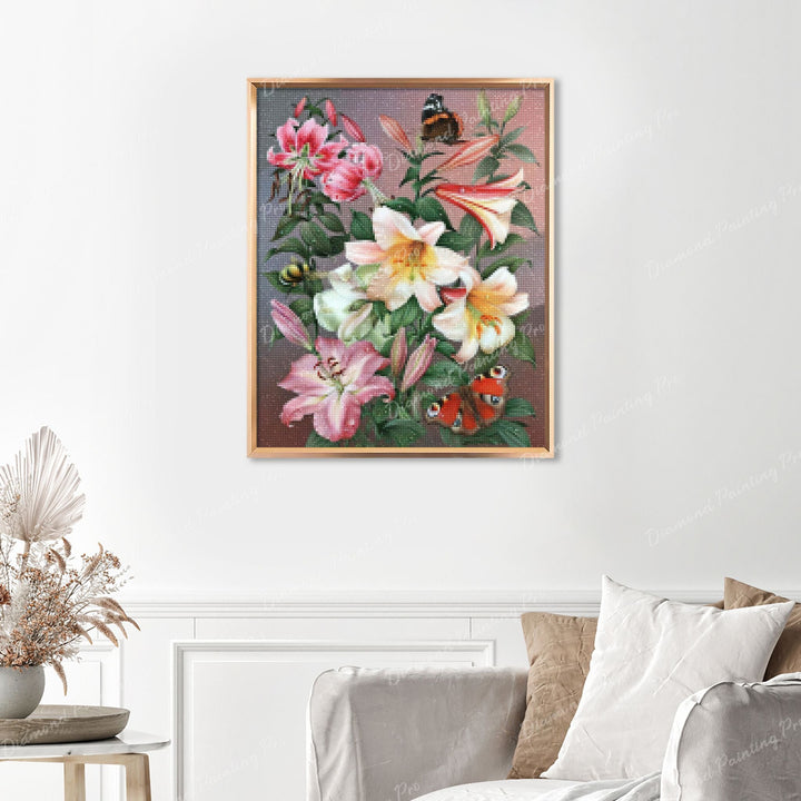 Butterflies and Flowers Finished Diamond Painting Displayed with Gold Frame as Home Decor