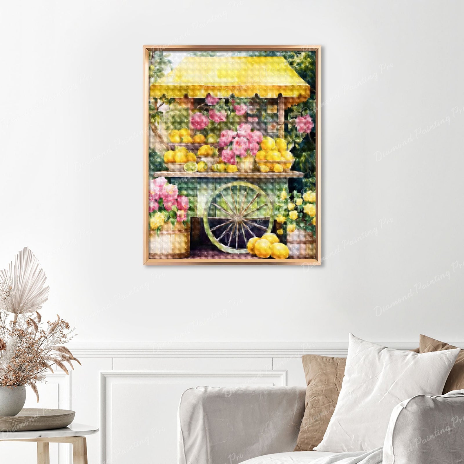 Sunny Lemonade Stand Finished Diamond Painting Displayed with Gold Frame as Home Decor