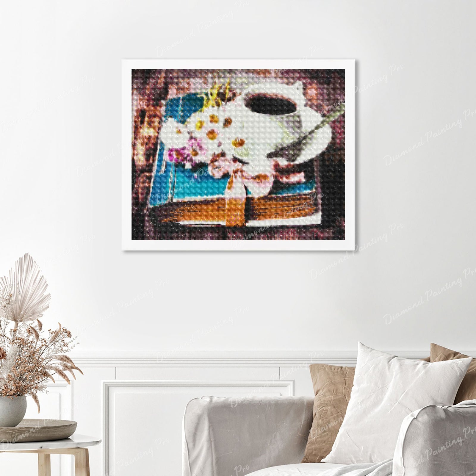 Flowers & Coffee Finished Diamond Painting Displayed with White Frame as Home Decor