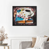 Flowers & Coffee Finished Diamond Painting Displayed with Black Frame as Home Decor