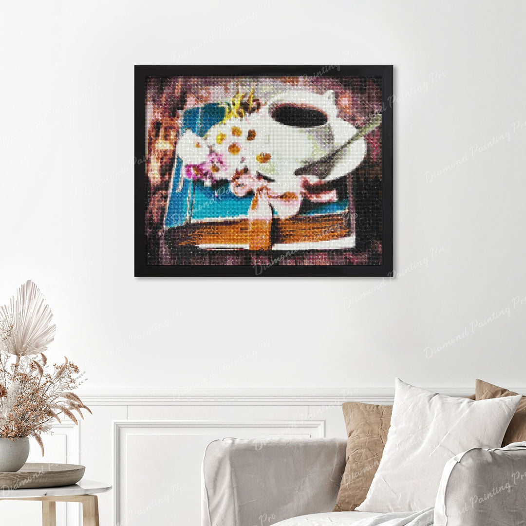 Flowers & Coffee Finished Diamond Painting Displayed with Black Frame as Home Decor